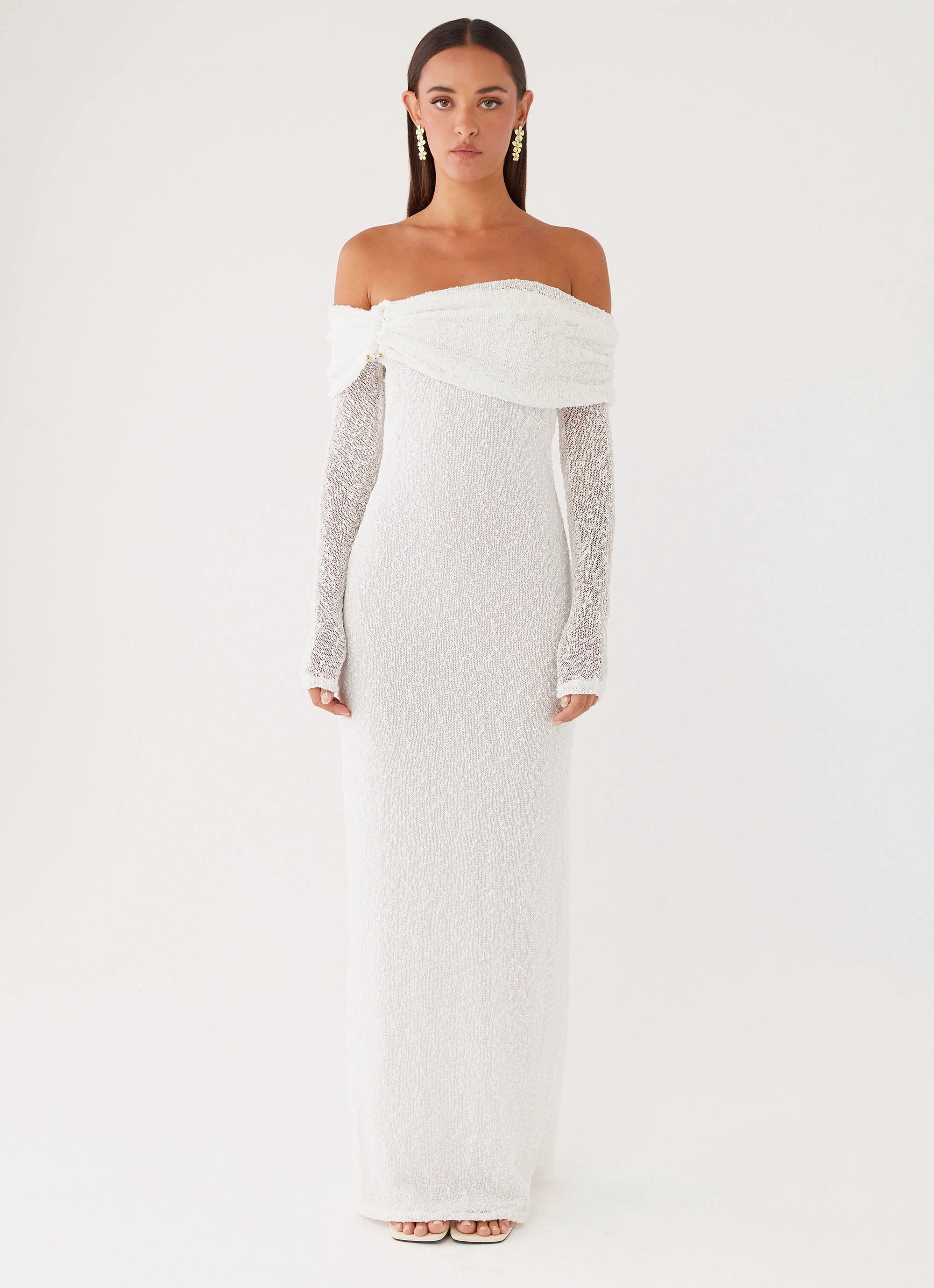 Pollyanna Knit Hardware Maxi Dress - Ivory Cold-Shoulder Belt Waist