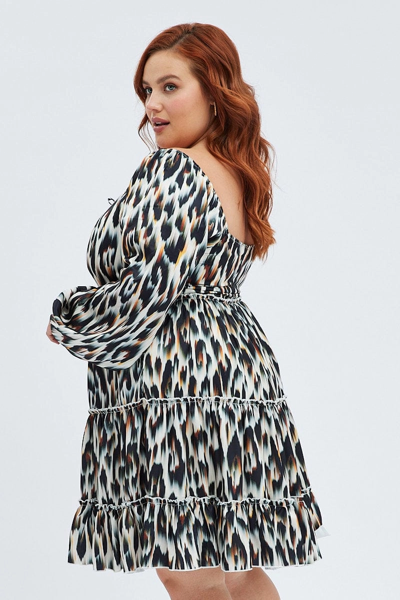 Multi Animal Print Mini Dress Gather Front Abstract Leopard Satin Flowing Layers