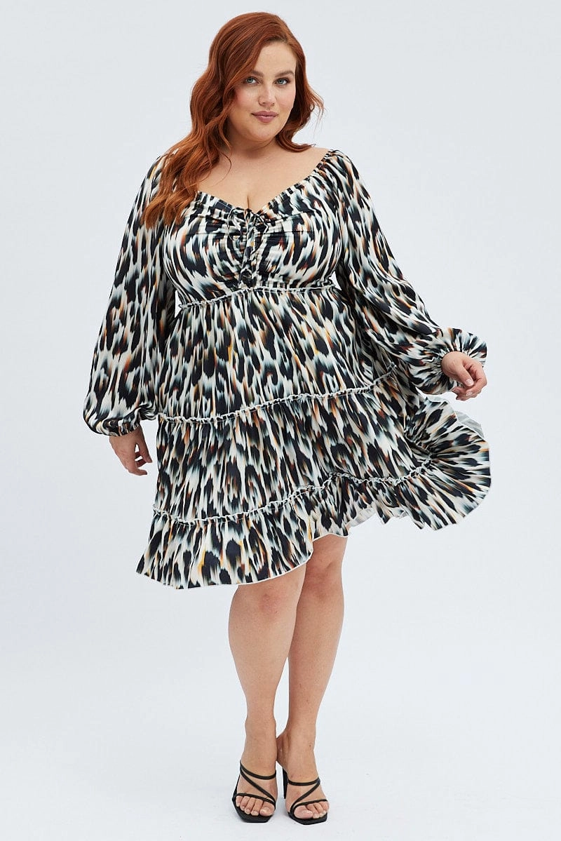 Sporty Look Modest Light Multi Animal Print Mini Dress Gather Front Abstract Leopard Satin
