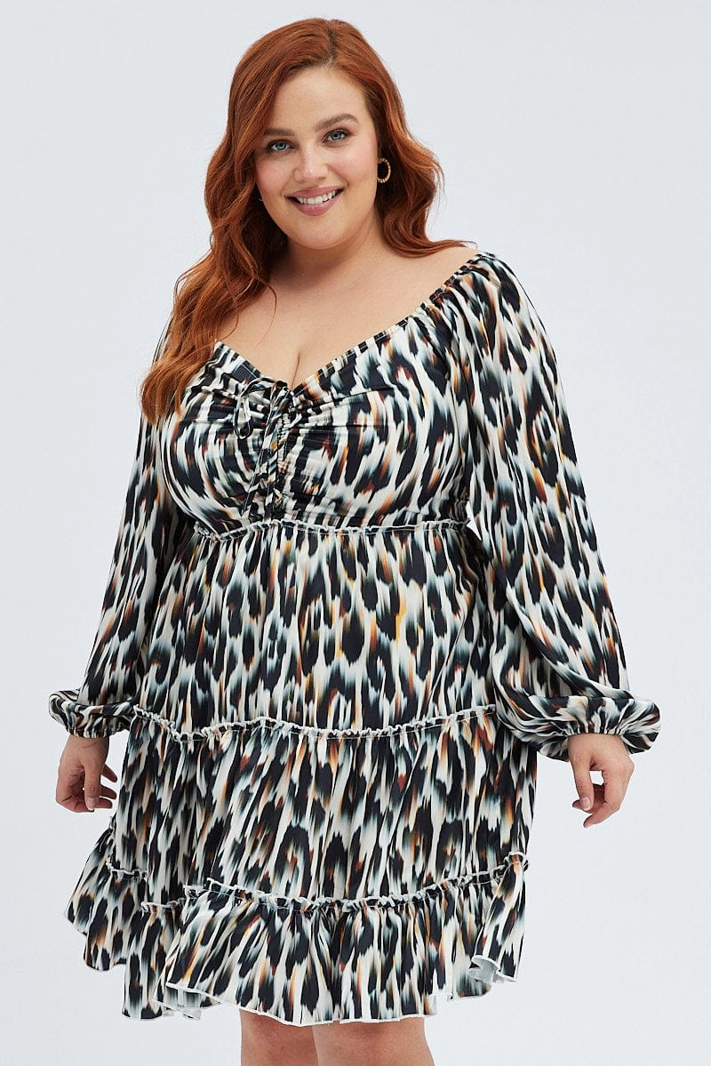 Multi Season Daily Flex Multi Animal Print Mini Dress Gather Front Abstract Leopard Satin