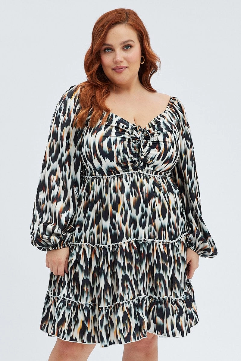 Cool Tone Multi Animal Print Mini Dress Gather Front Abstract Leopard Satin