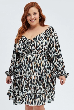 Multi Season Daily Flex Multi Animal Print Mini Dress Gather Front Abstract Leopard Satin