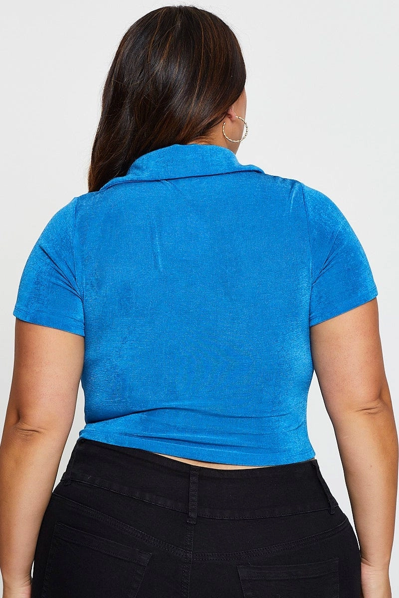 Bold Graphics Abstract art Mid Blue Ruched Shirt Short Sleeve Slinky Jersey