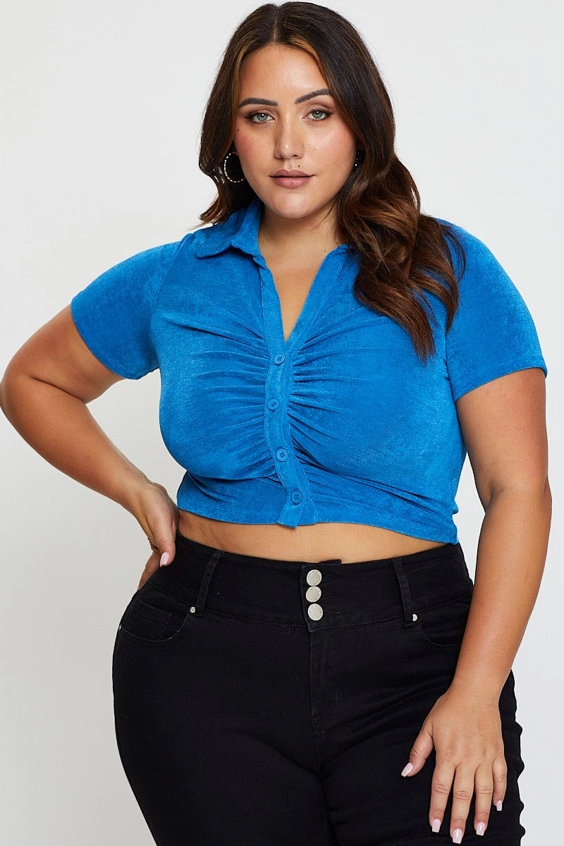 Mid Blue Ruched Shirt Short Sleeve Slinky Jersey Recycled Polyester Blend Trendsetting