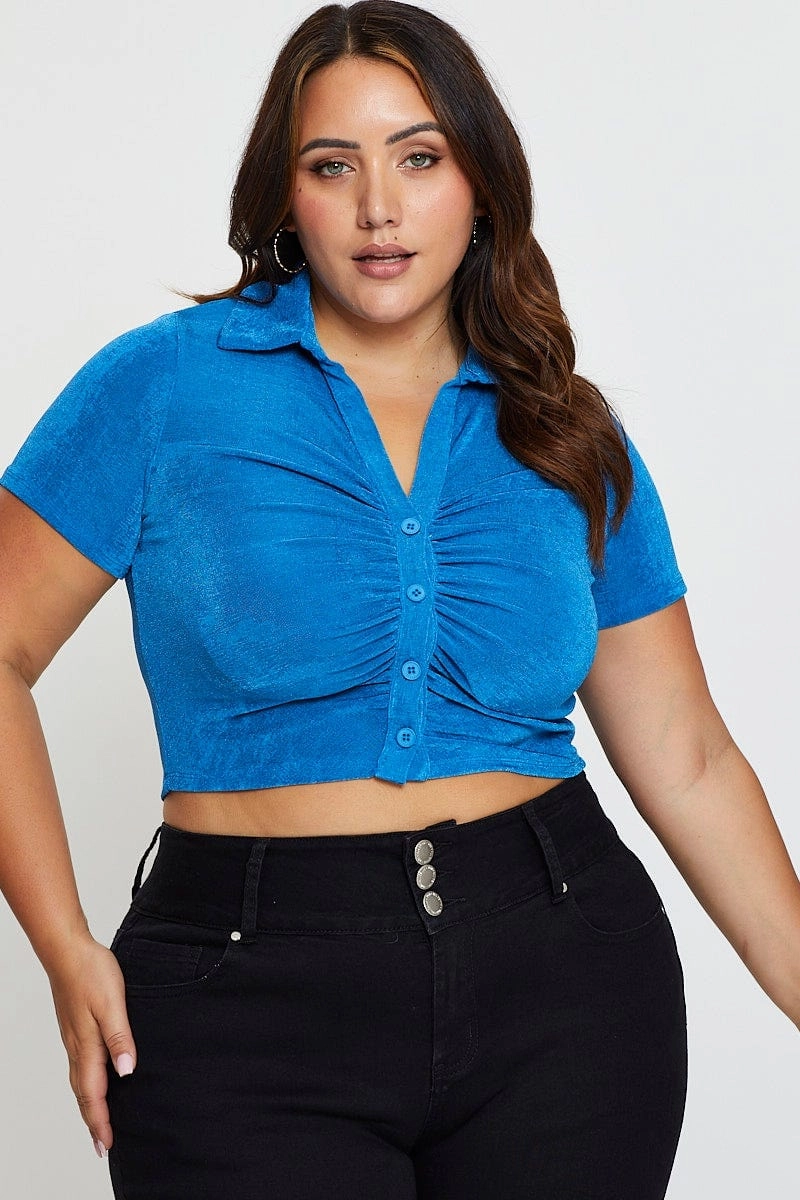 Mid Blue Ruched Shirt Short Sleeve Slinky Jersey Versatile Look
