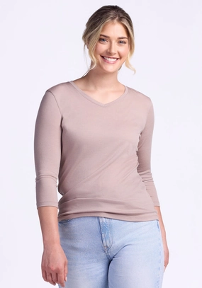 Layered Hem Design Elena 3/4 Sleeve V Neck ? Final Sale Deals! - Mocha Meringue