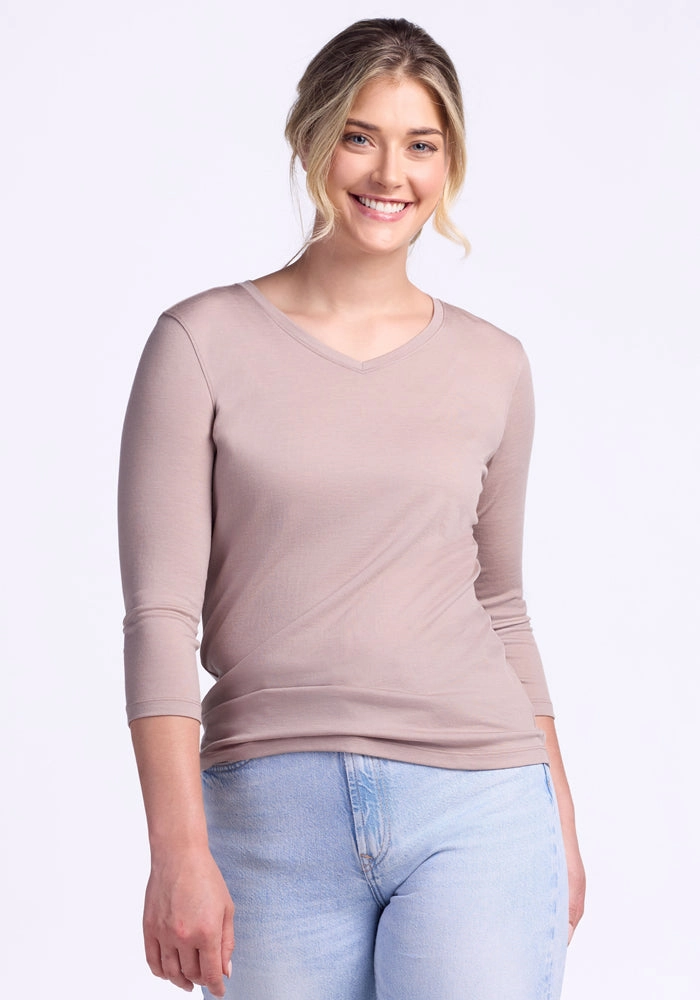 Effortless Design DoubleLayeredCollar Elena 3/4 Sleeve V Neck ? Final Sale Deals! - Mocha Meringue