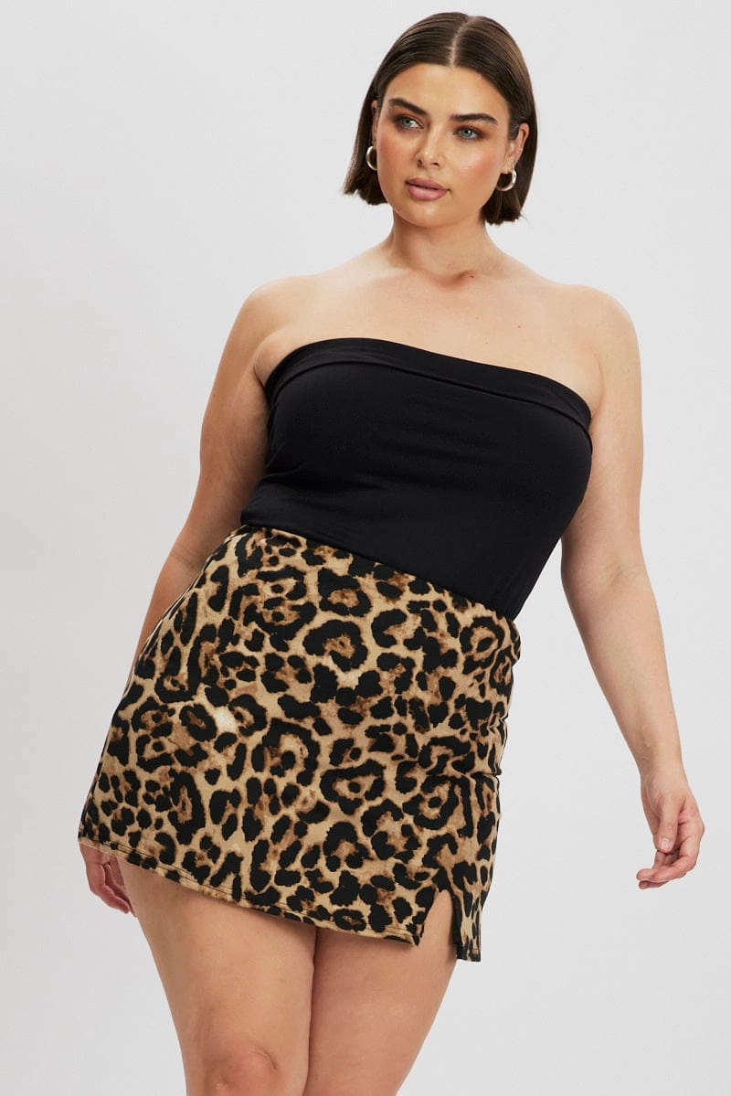 Flow Look Brown Animal Print Jersey Split Leopard Mini Skirt