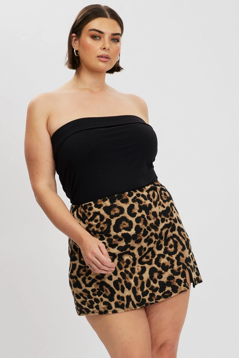 Vibrant Touch Brown Animal Print Jersey Split Leopard Mini Skirt