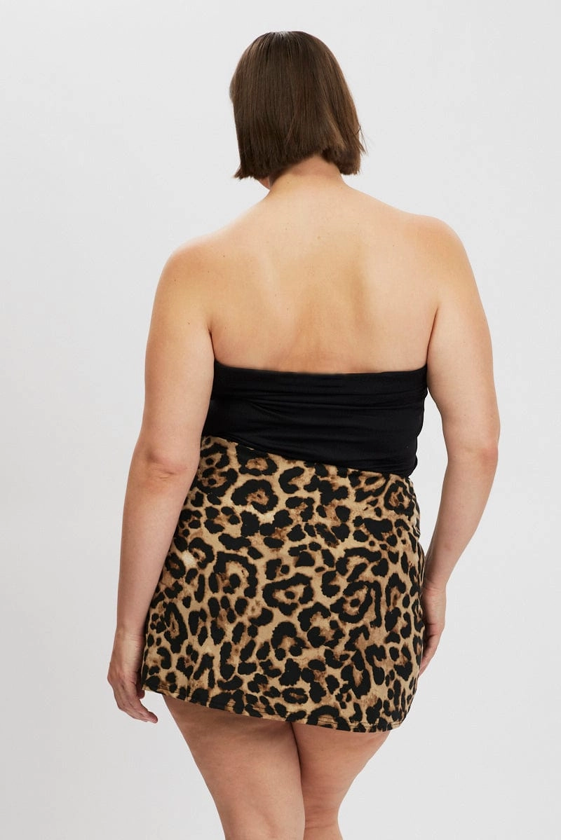 Brown Animal Print Jersey Split Leopard Mini Skirt Wrinkle Resistant Finish Soft Palette
