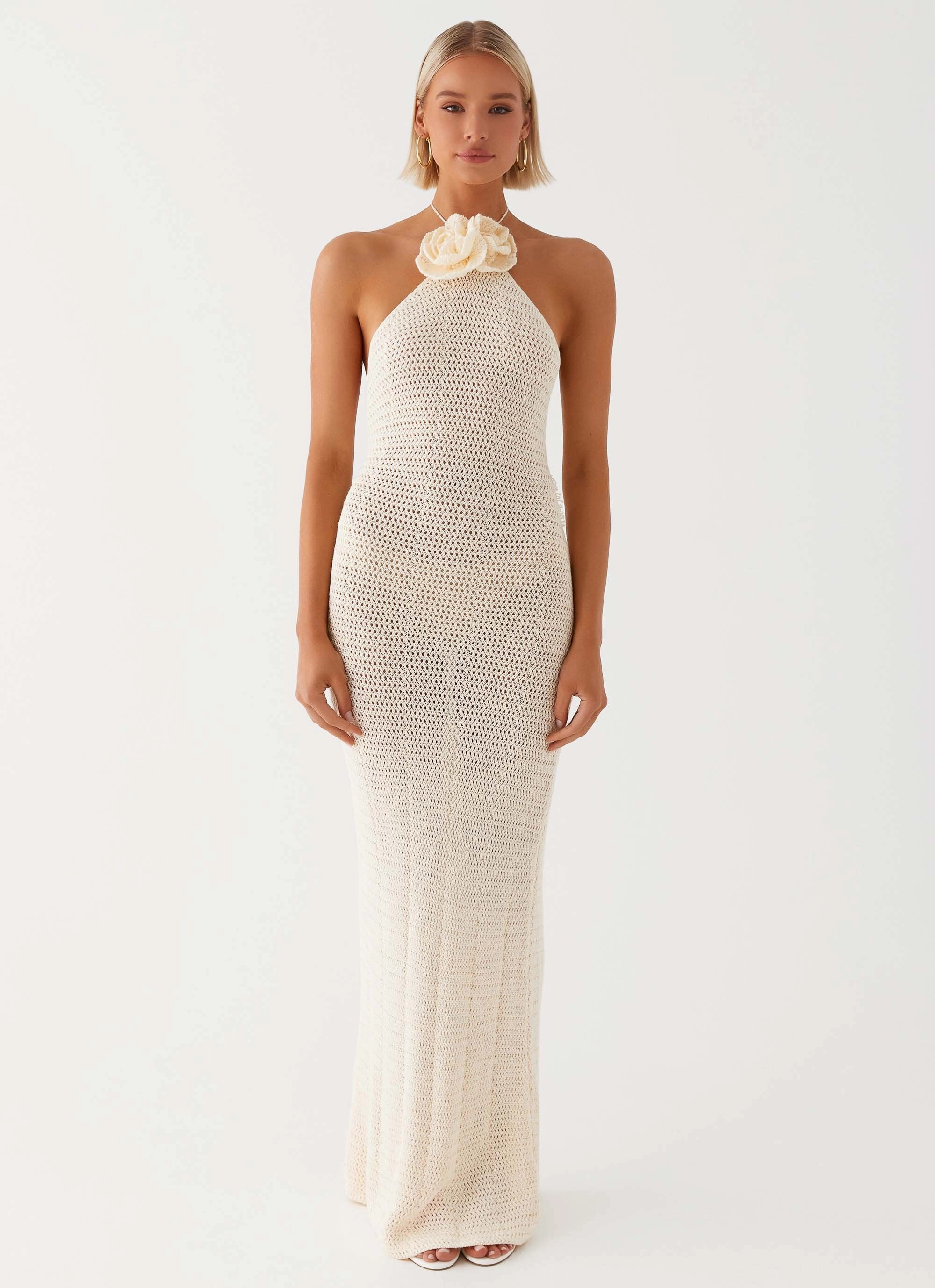 Gia Rose Halter Neck Maxi Dress - Ivory Quiet Sweet Elastic-Waist