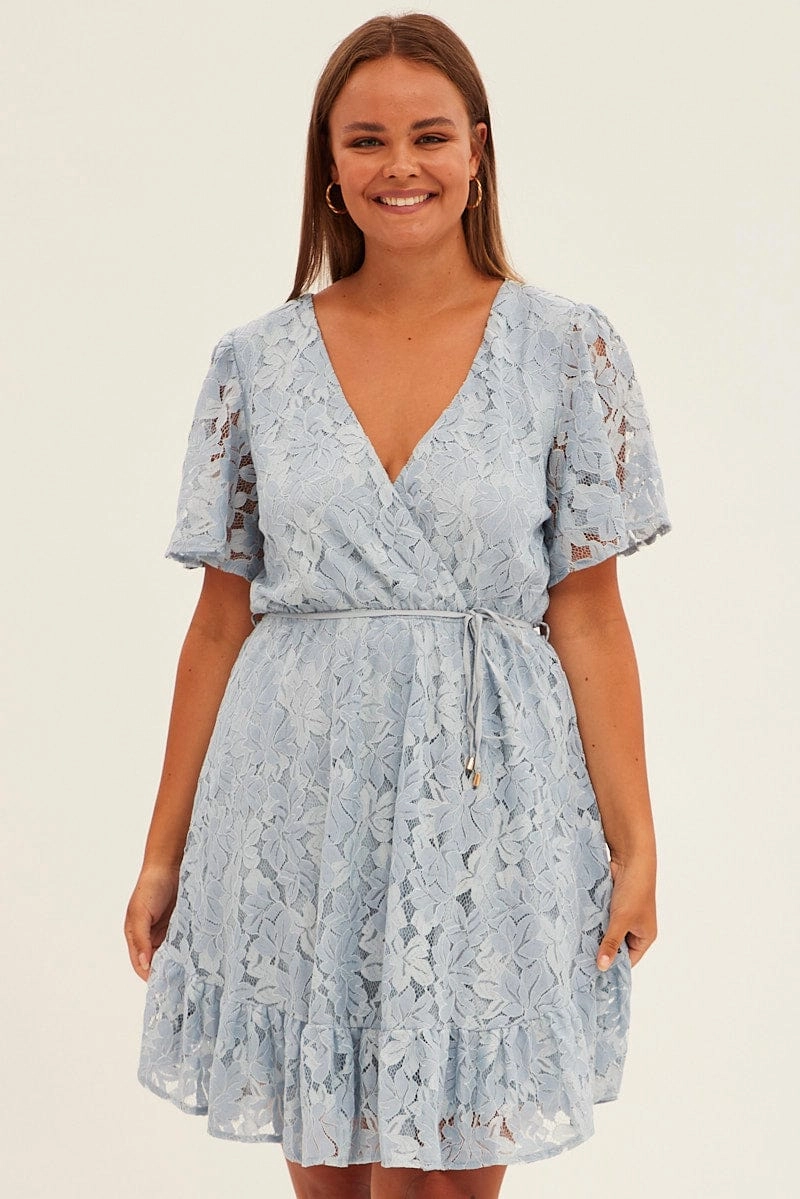 Light Blue Fit And Flare Dress Short Sleeve Wrap Lace Flowy casual dress