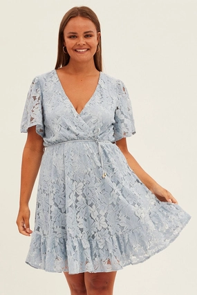 Artisanal-Detail Light Blue Fit And Flare Dress Short Sleeve Wrap Lace