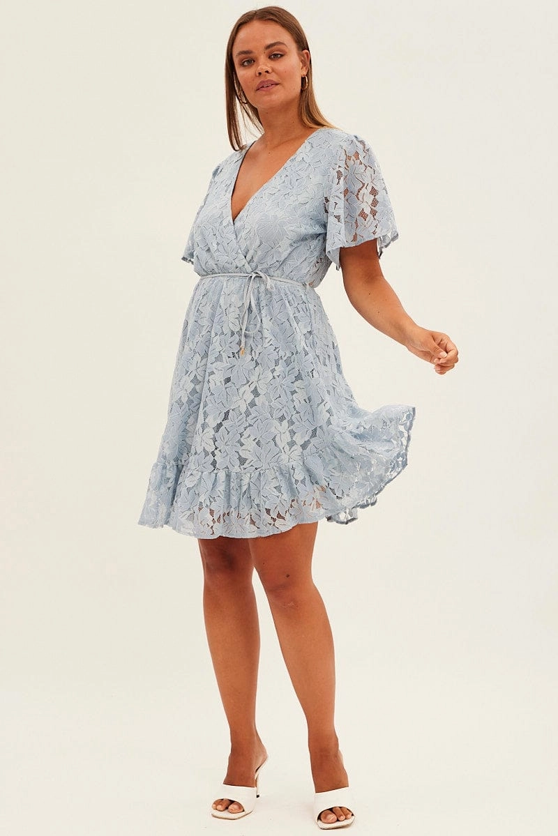Grab Quick Light Blue Fit And Flare Dress Short Sleeve Wrap Lace