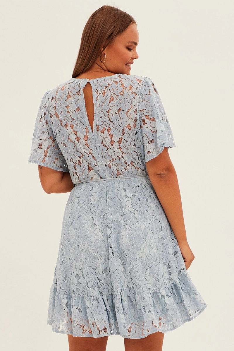 Light Blue Fit And Flare Dress Short Sleeve Wrap Lace Everyday Look