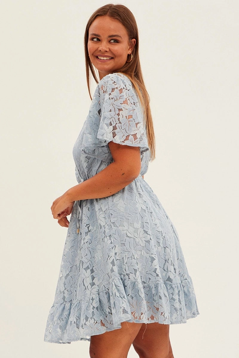 Light Blue Fit And Flare Dress Short Sleeve Wrap Lace High-Low-Hem