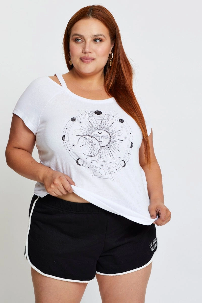 Placement Graphic T-shirt Celestial Cold Shoulder Ergonomic Cut Weekend Comfort Wear