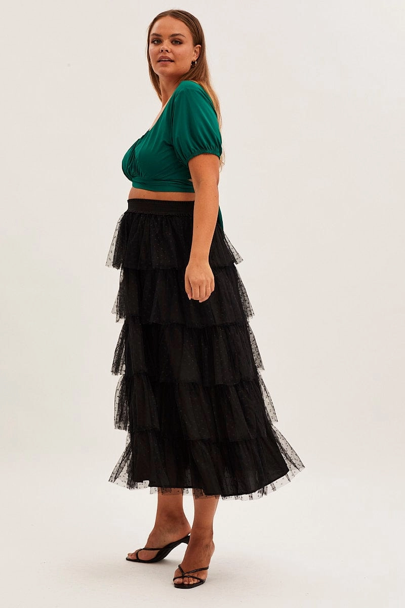 Breathable Lining Black Midi Skirt Elastic Waist Mesh Ruffle