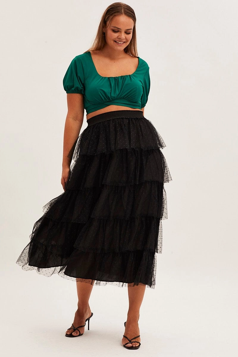 Black Midi Skirt Elastic Waist Mesh Ruffle Casual Style Button Fastenings