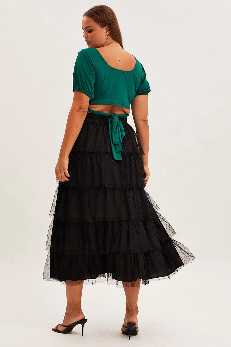 Silicone Grip Trim Easy Comfort Black Midi Skirt Elastic Waist Mesh Ruffle