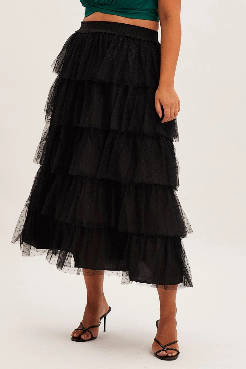 Black Midi Skirt Elastic Waist Mesh Ruffle Jewel Tones