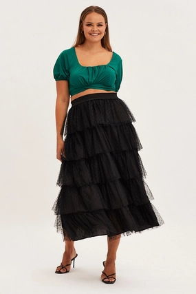 Seasonal Layering Black Midi Skirt Elastic Waist Mesh Ruffle