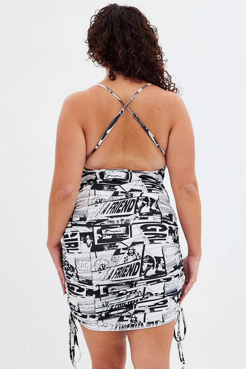 Calm Tone Multi Abstract Mini Dress Ruched Side Newsprint Cross Back