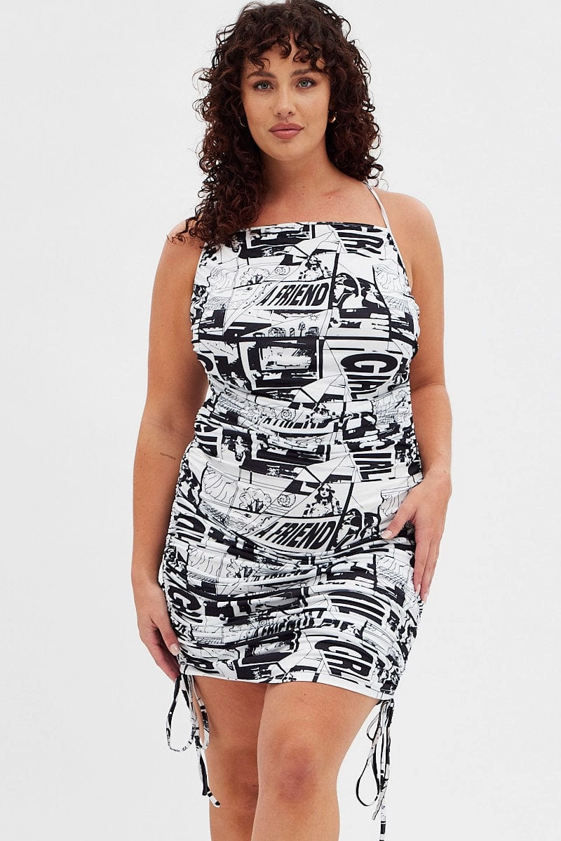Multi Abstract Mini Dress Ruched Side Newsprint Cross Back Warm Palette