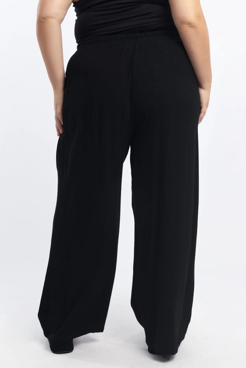 OrganicCotton Black Paperbag Elastic Waist Linen Blend Wide Leg Pants