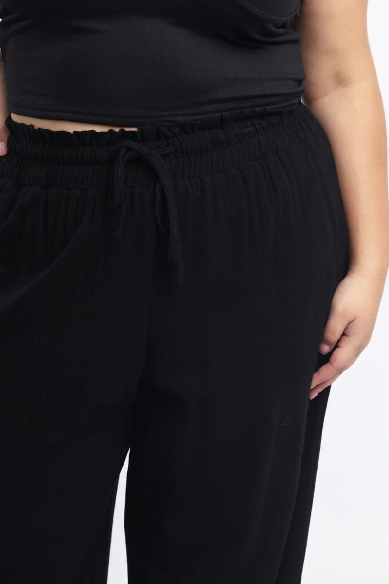 Ergonomic Cut Sophisticated Look Black Paperbag Elastic Waist Linen Blend Wide Leg Pants