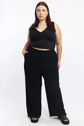 Black Paperbag Elastic Waist Linen Blend Wide Leg Pants Easy Access
