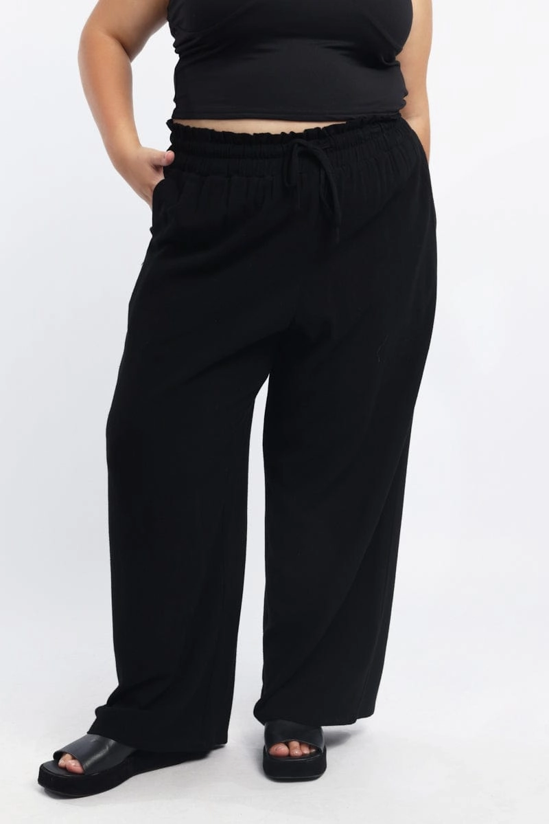 Roomy Shape Elastic Free Cuffs Black Paperbag Elastic Waist Linen Blend Wide Leg Pants