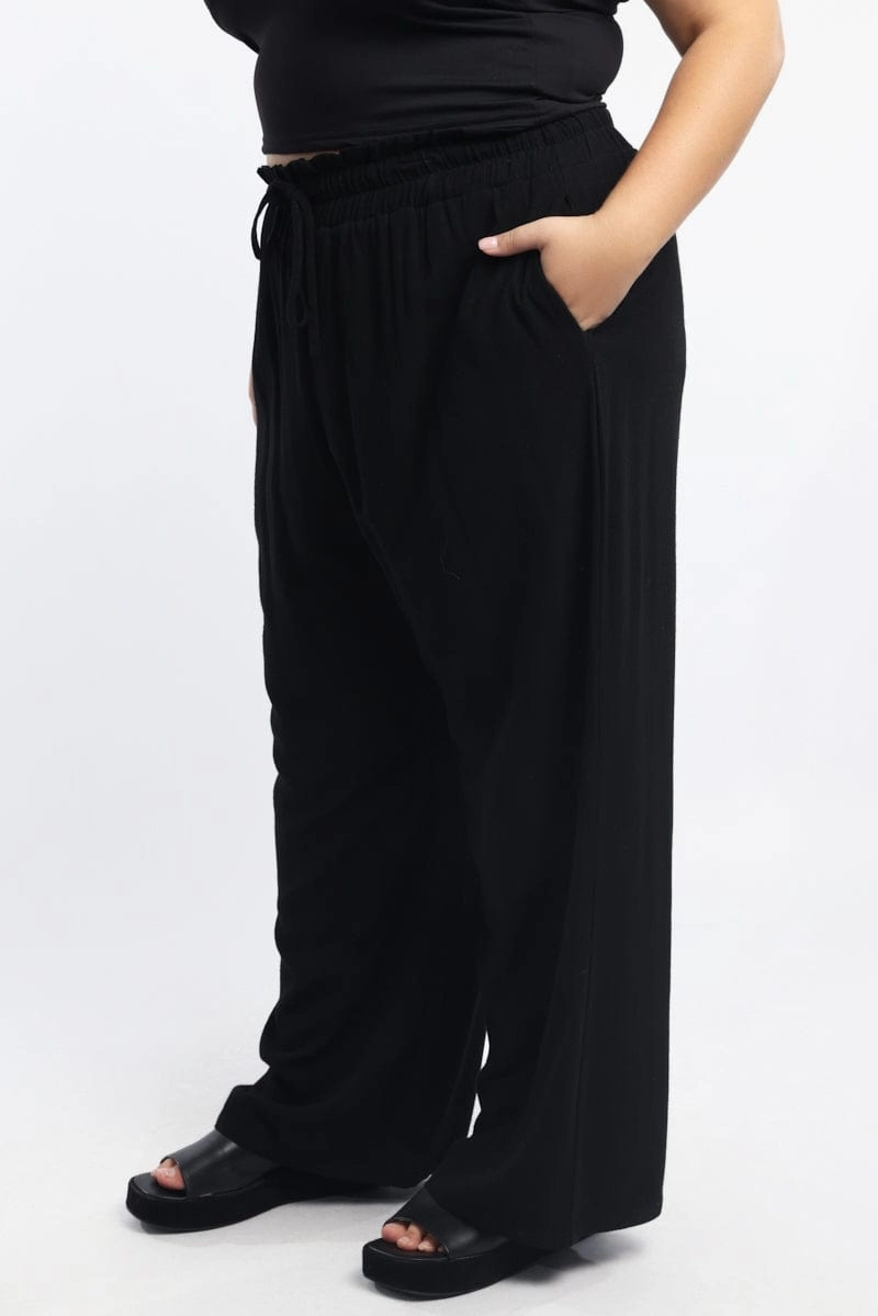 Black Paperbag Elastic Waist Linen Blend Wide Leg Pants Comfy Wearable