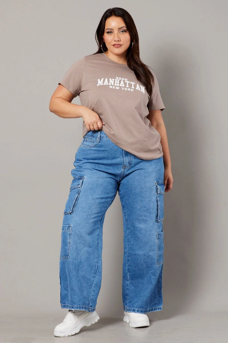 Fashion Top Stretch Material Brown Graphic T-shirt Short Sleeve Crew Neck