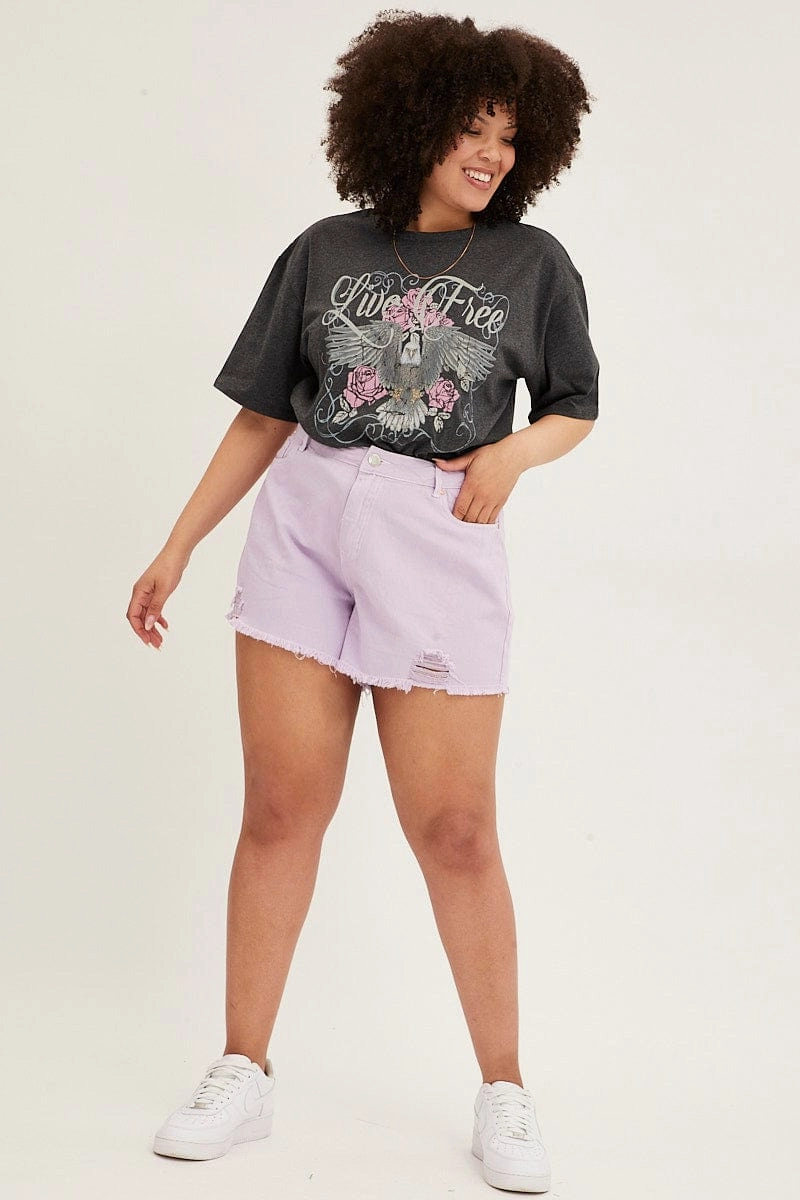 Moisture Wicking Fabric Purple Relaxed Denim Shorts High Rise