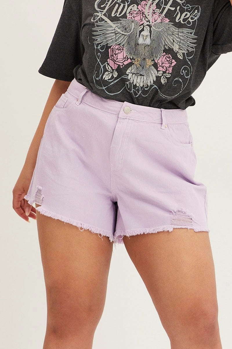 Purple Relaxed Denim Shorts High Rise Easy Care Fabric