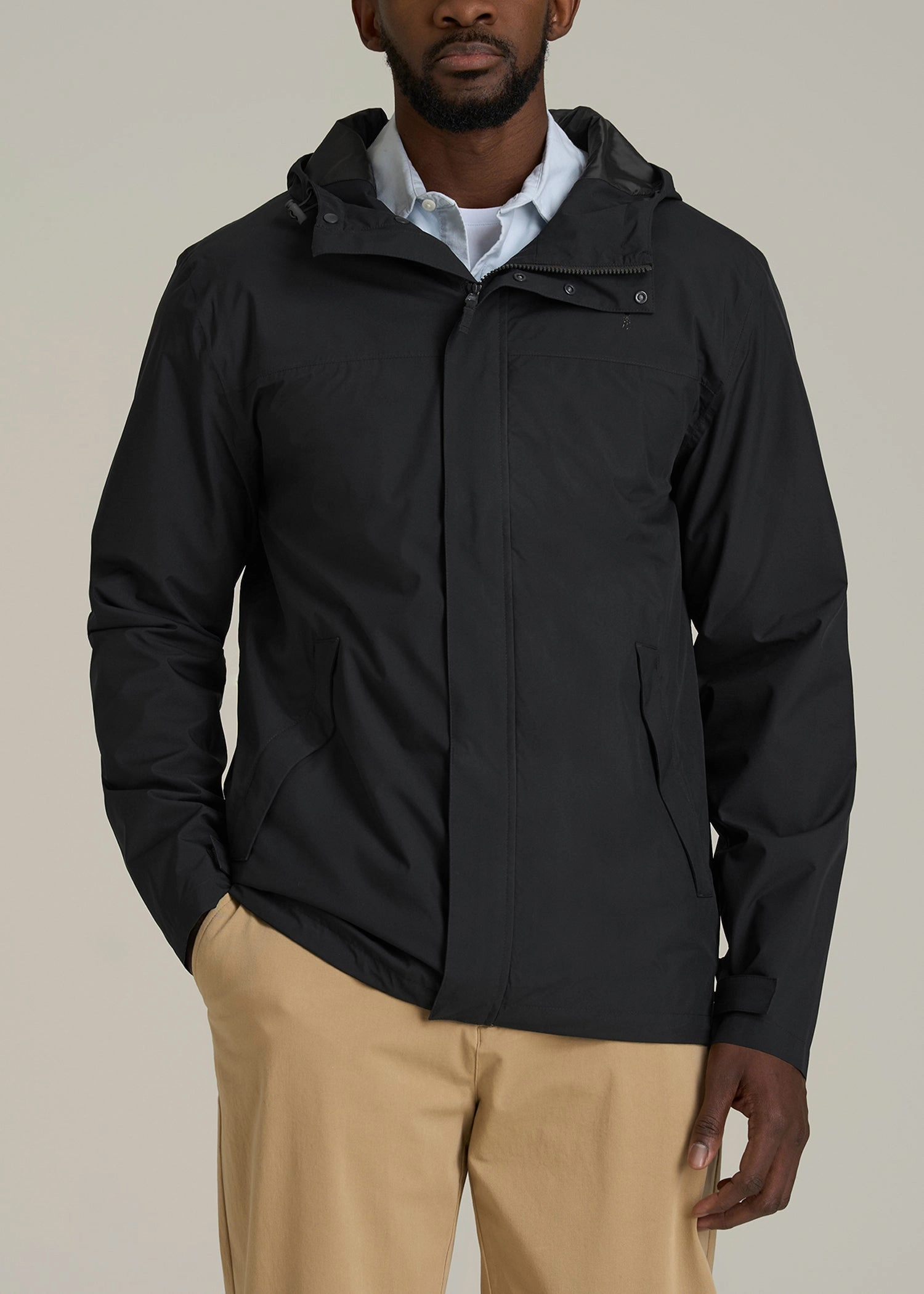 Compression Storage Hooded Versatile Design Lightweight Rain Jacket for Tall Men in Black