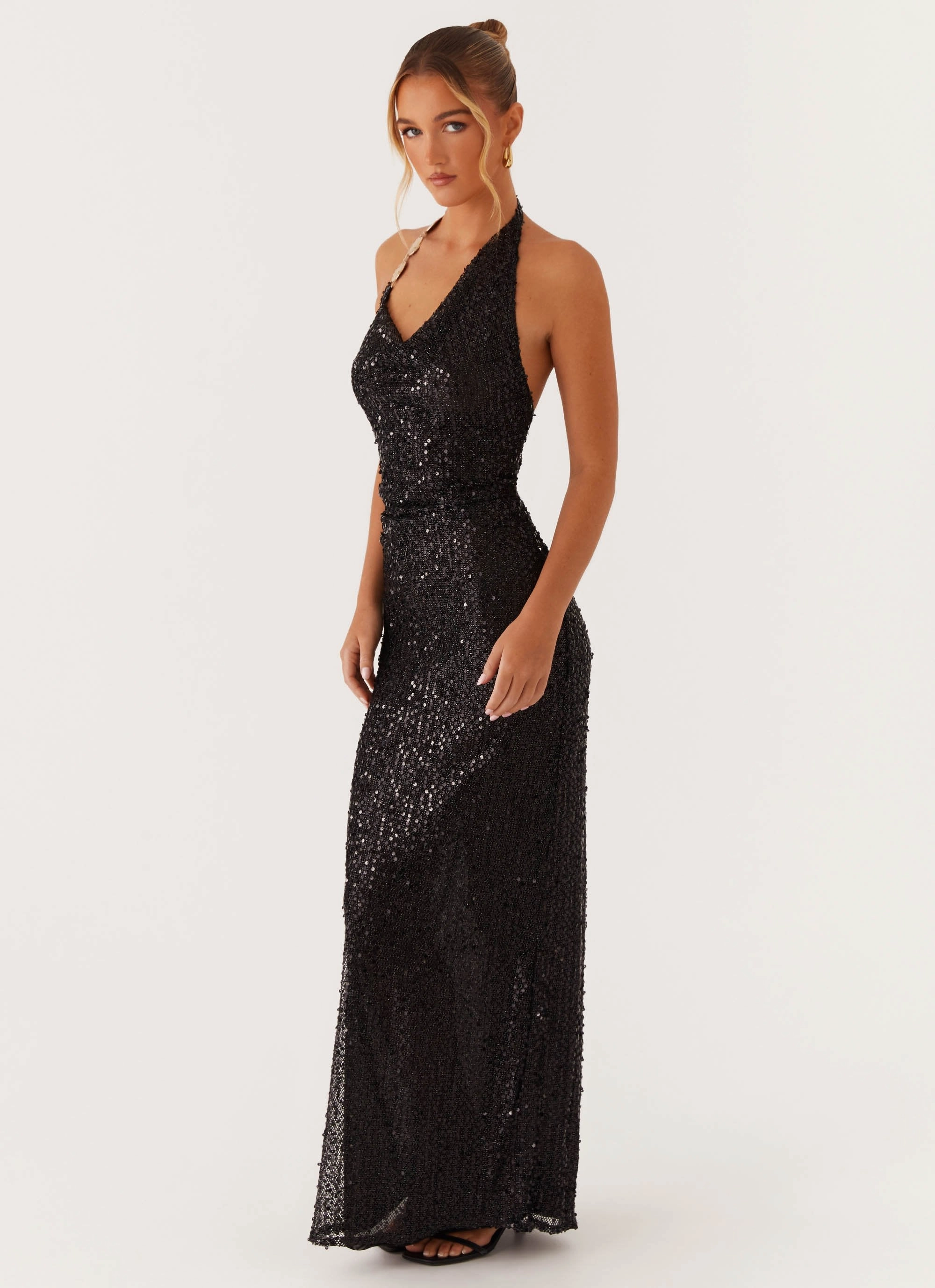 After Tonight Sequin Cowl Neck Maxi Dress - Black Modern Silhouette