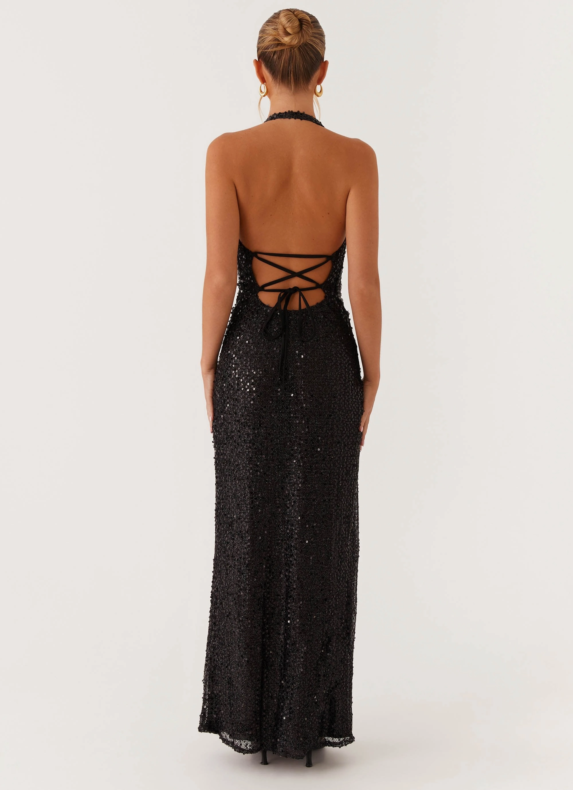 Dew Tone Front-Pocket After Tonight Sequin Cowl Neck Maxi Dress - Black