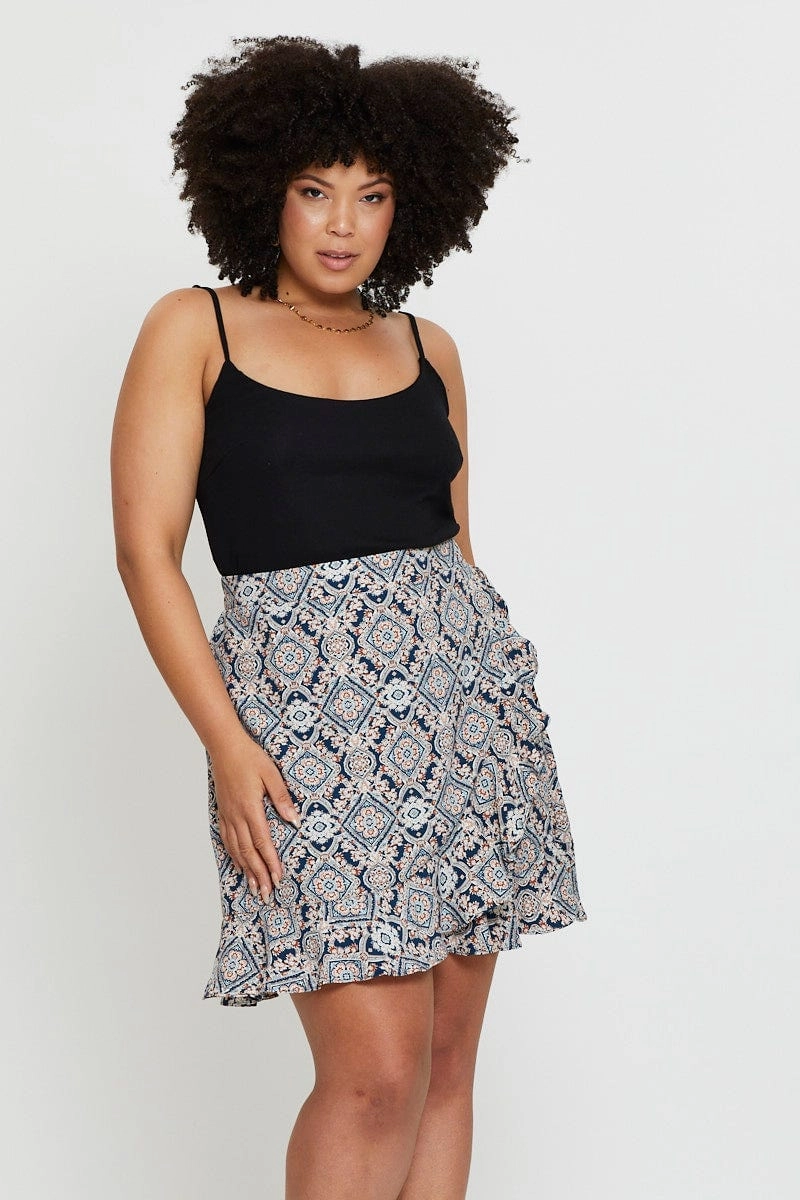 Paisley Pr Mini Skirt Ruffle Hem casual finish Neat Style