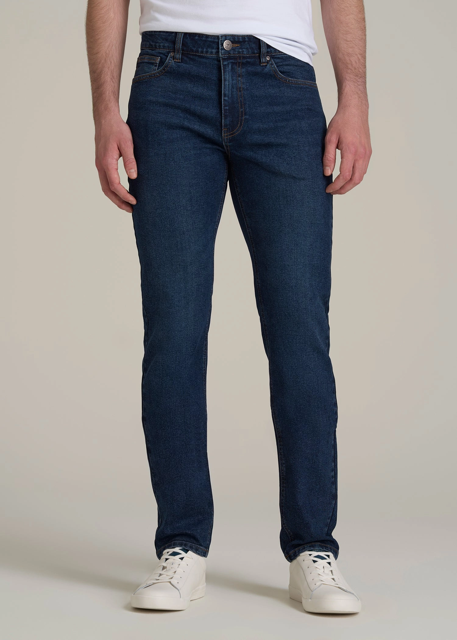 City Walk Casual Friday Rainy Day Chill Outfit Nature Lover Dylan Slim Fit Jeans for Tall Men in Faded Dark Indigo