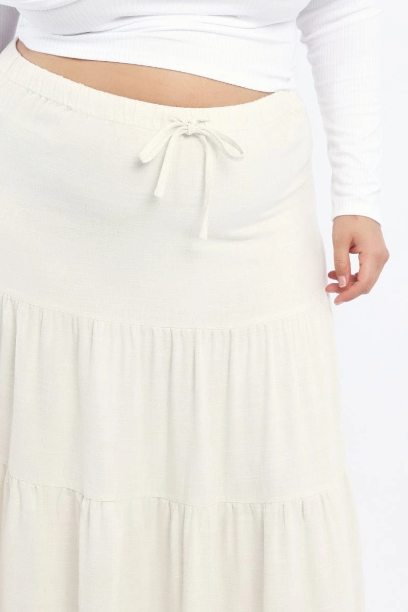 Detail Focus Beige Elastic Waist Tiered Linen Blend Maxiskirt