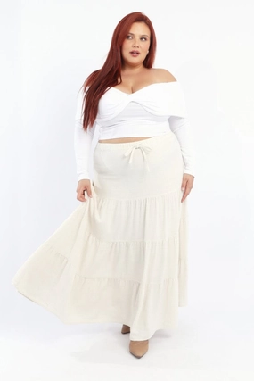 Ombre effect Performance Wear Beige Elastic Waist Tiered Linen Blend Maxiskirt