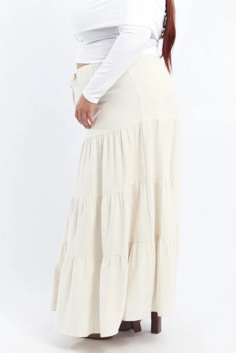 Vibrant Touch Built In Shorts Beige Elastic Waist Tiered Linen Blend Maxiskirt