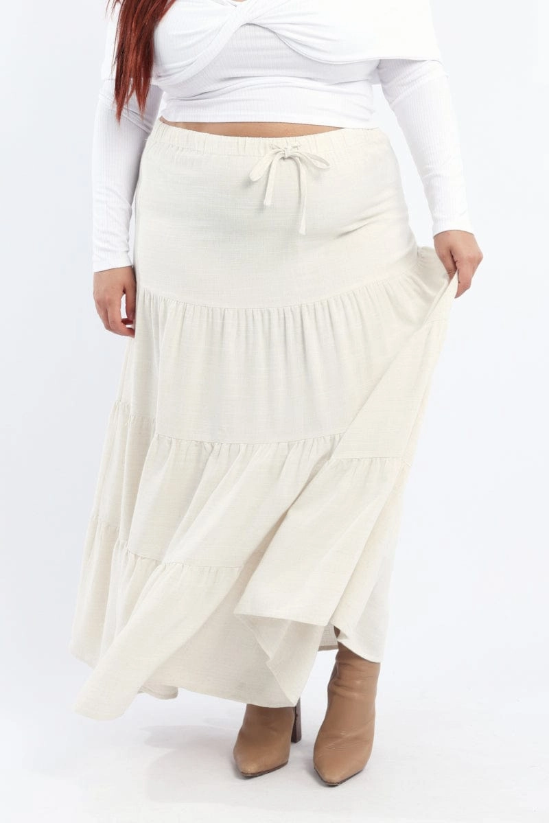 Silk Touch Emerging Designer Beige Elastic Waist Tiered Linen Blend Maxiskirt