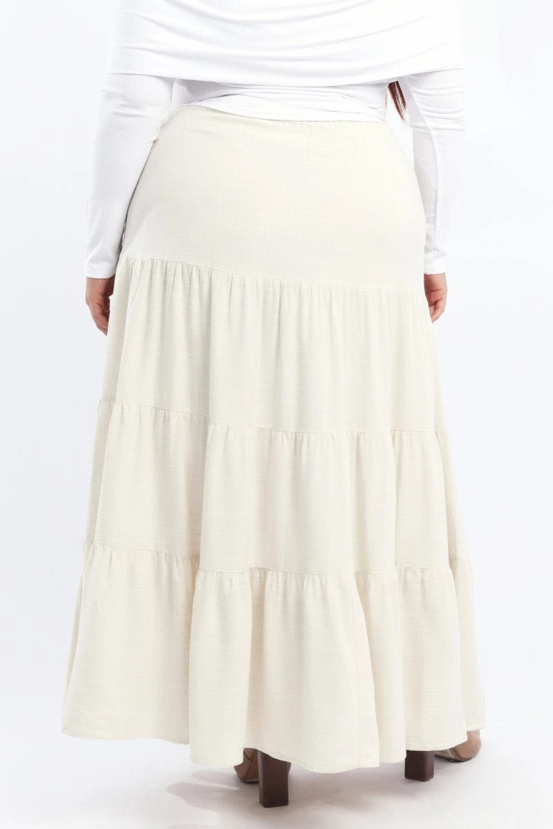 Beige Elastic Waist Tiered Linen Blend Maxiskirt Twist Front Design Light Edge