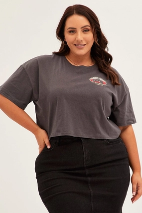 Grey Graphic T-shirt Crop Crew Neck Short Sleeve Sporty Appeal Breezy Design