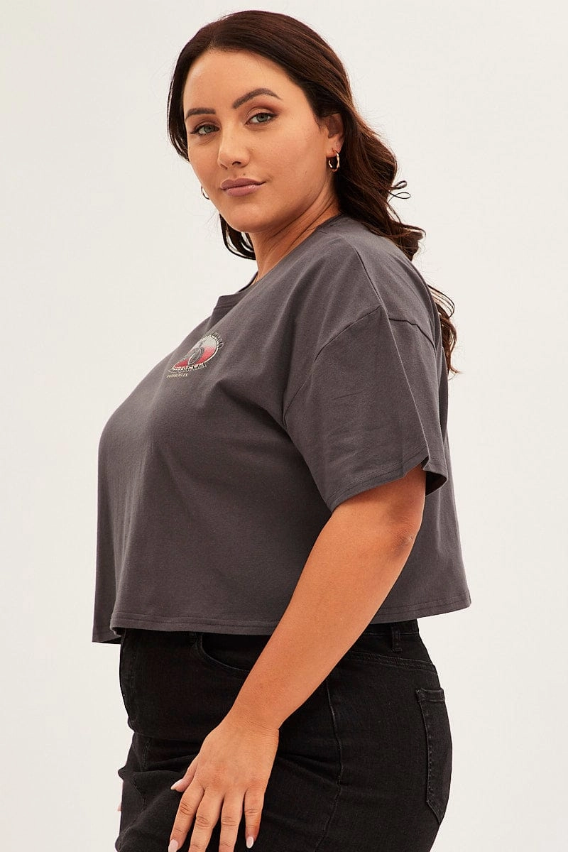Grey Graphic T-shirt Crop Crew Neck Short Sleeve Modern Style Trend