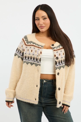 Multi Aztec Knit Cardigan Long Sleeve Crew Neck Stand Up Collar