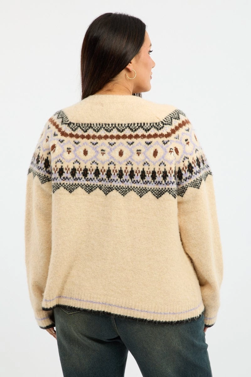 Multi Aztec Knit Cardigan Long Sleeve Crew Neck Lined Pockets